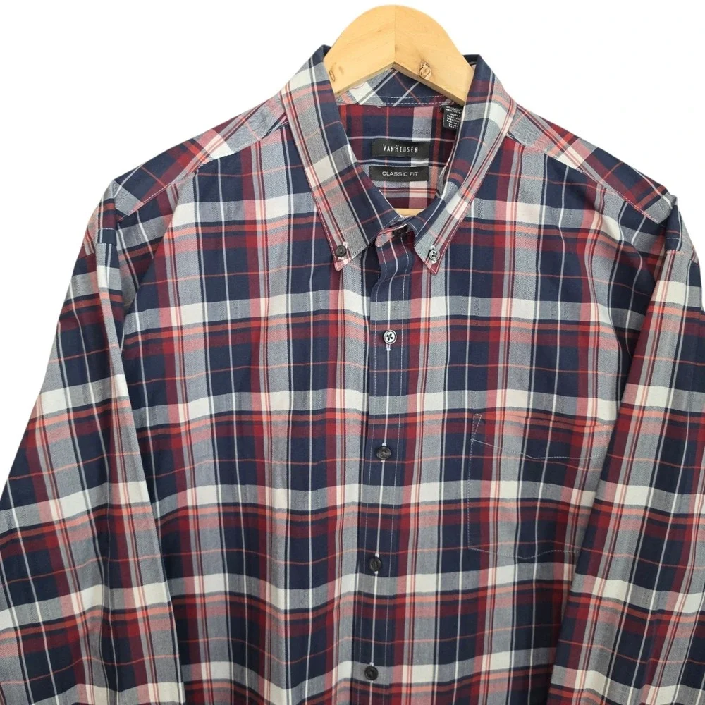 Van Heusen Dress Shirt Mens 18-18.5 XXL 2XL Blue Plaid Button Classic Fit Career